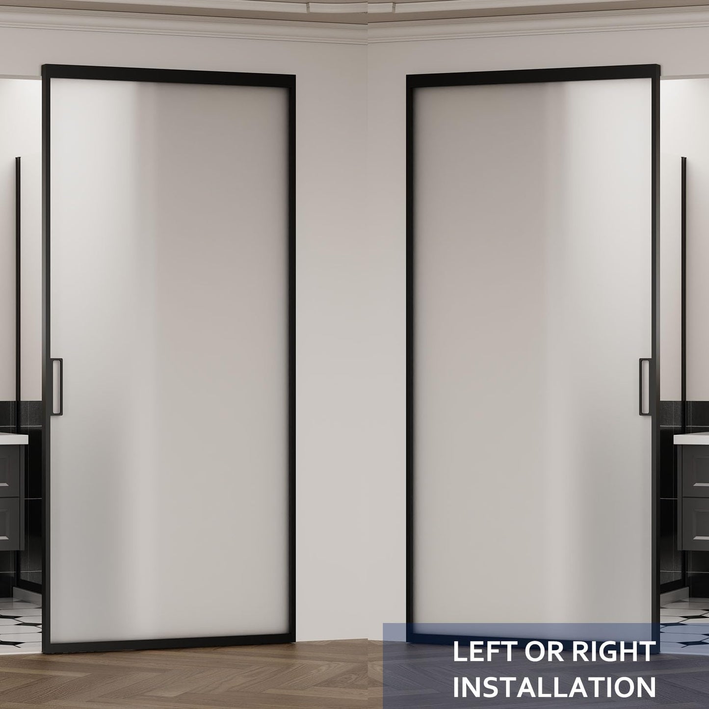 40" x 87" Frosted Glass Barn Door, Concealed Sliding Barn Door with Soft Close, Waterproof Modern Sliding Door for Bathroom/Kitchen Privacy, 5/16"(8mm) Tempered Glass, Fits 28"-36"W x 72"-85"H, Black