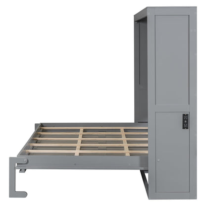 Ball & Cast Full Size Wall Cabinets Murphy Bed with Charging Station and Slat Support,Wood Hideaway Cabinet Platform Beds w/Leg & Lock,can be Folded,Space-Saving,for Small Room,Dorms,Gray