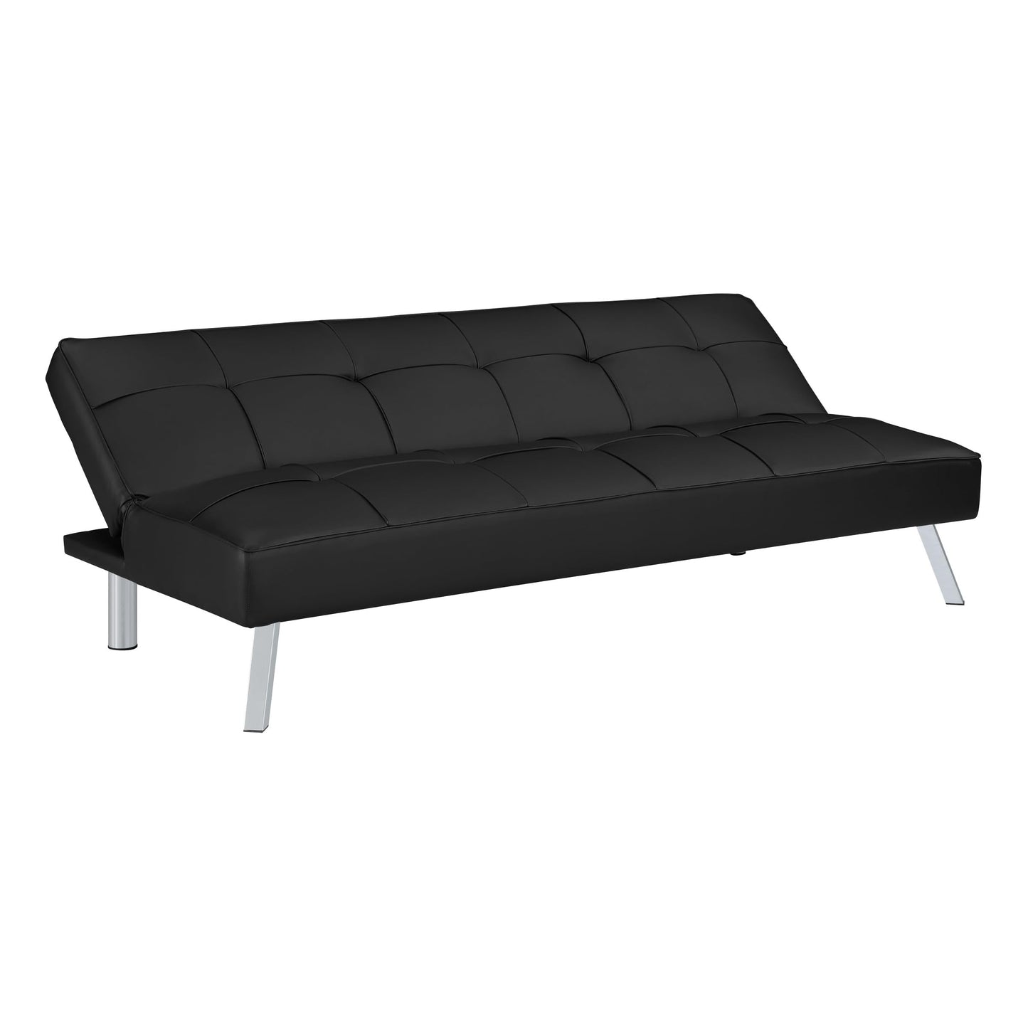 OSP Home Furnishings Kenneth Modern Button Tufted Convertible Click-Clack Futon Sofa Bed, Black Faux Leather with Chrome Legs