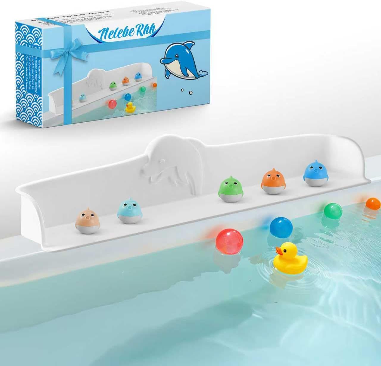 Nelebe Rhh 3FT Dolphin Pattern Bathtub Splash Guard Play Shelf for the Wide &Straight Bathtub Edge Toy Tray Caddy