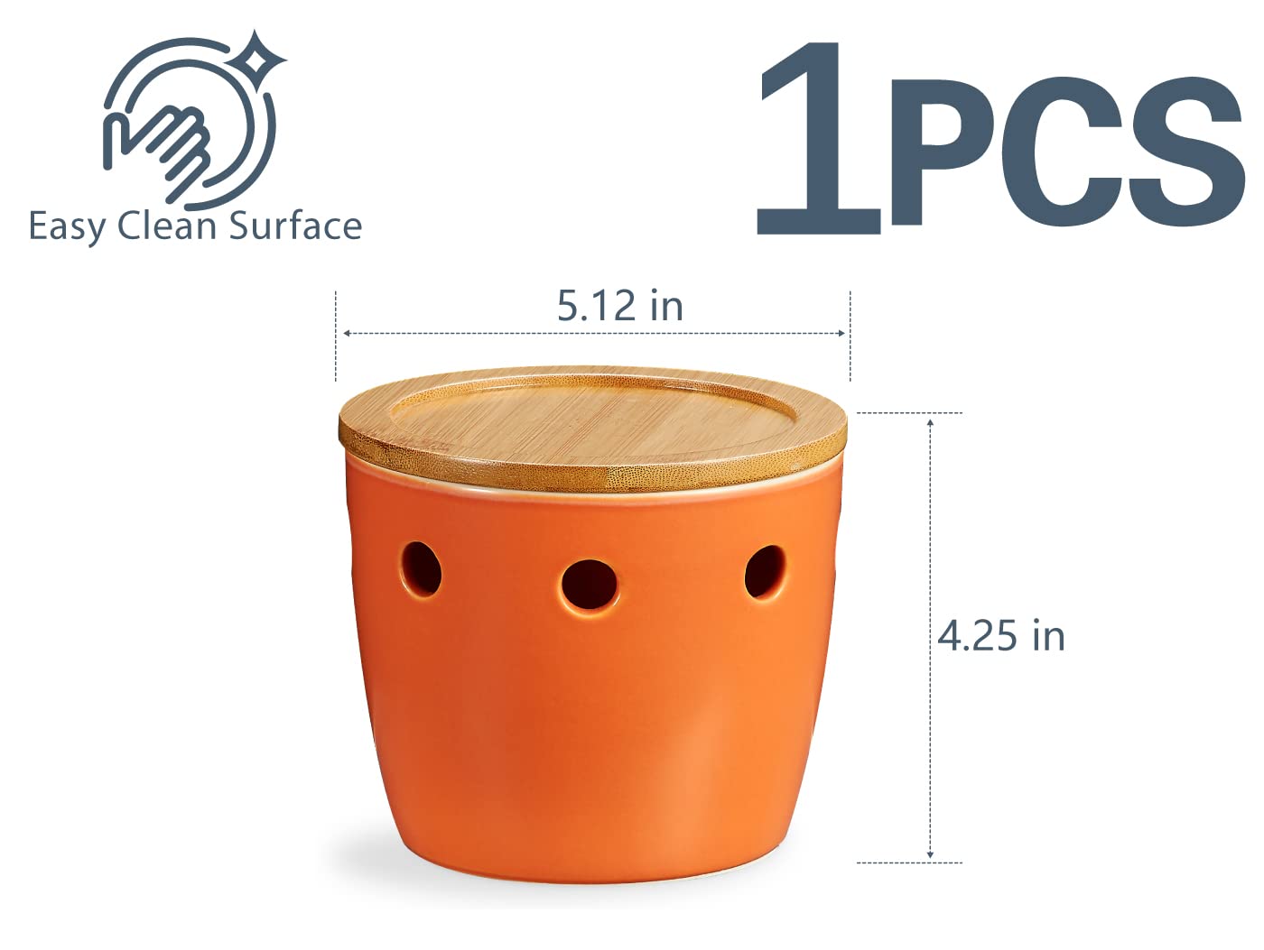 ONEMORE Large Garlic Keeper with Lid, Ceramic Garlic Saver 5 inch, Garlic Keeper for Counter, Orange