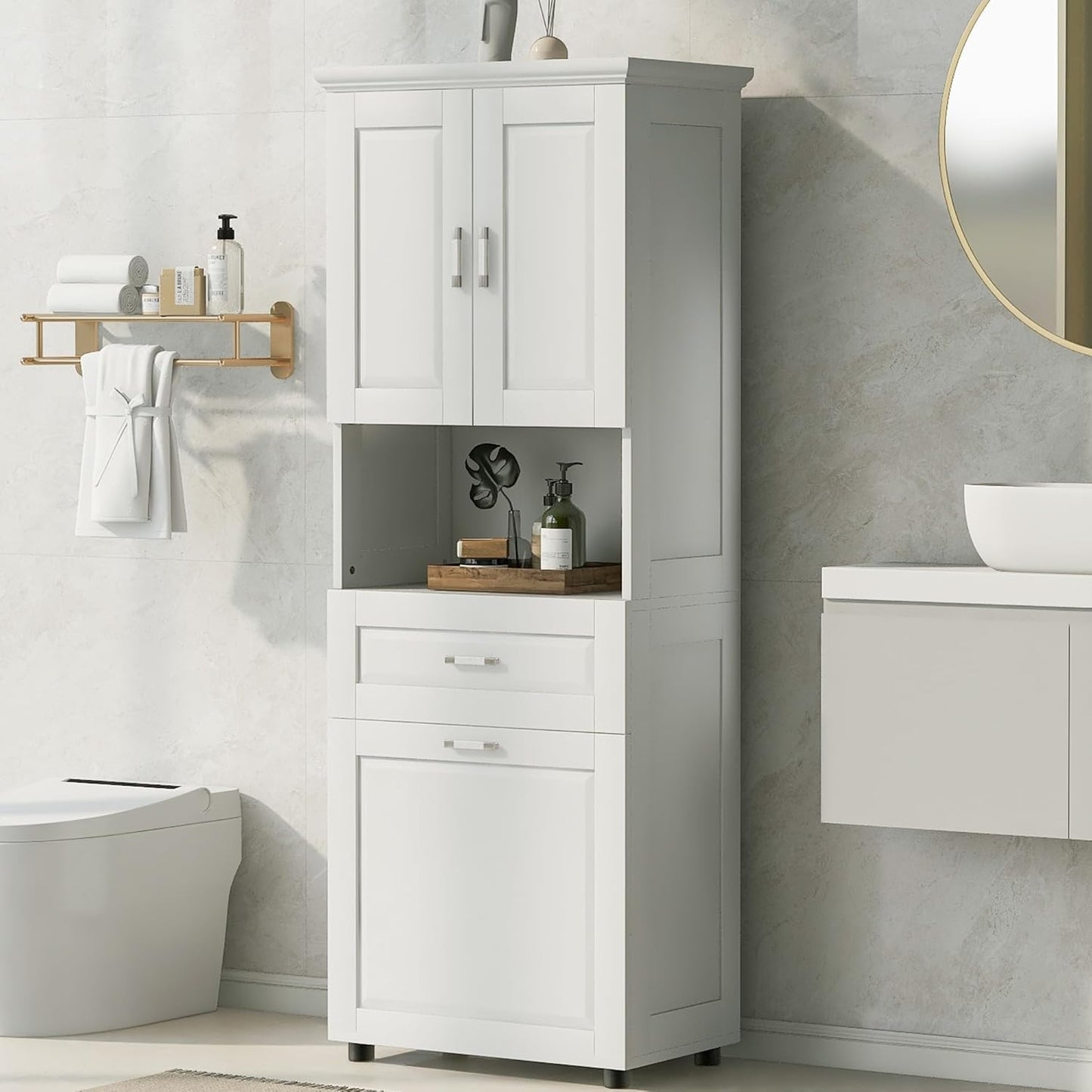 Virubi Tall Bathroom Cabinet with Storage, Wood Tall Bathroom Storage Cabinet with Adjustable Shelves, Freestanding (White)