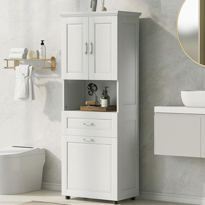 Virubi Tall Bathroom Cabinet with Storage, Wood Tall Bathroom Storage Cabinet with Adjustable Shelves, Freestanding (White)