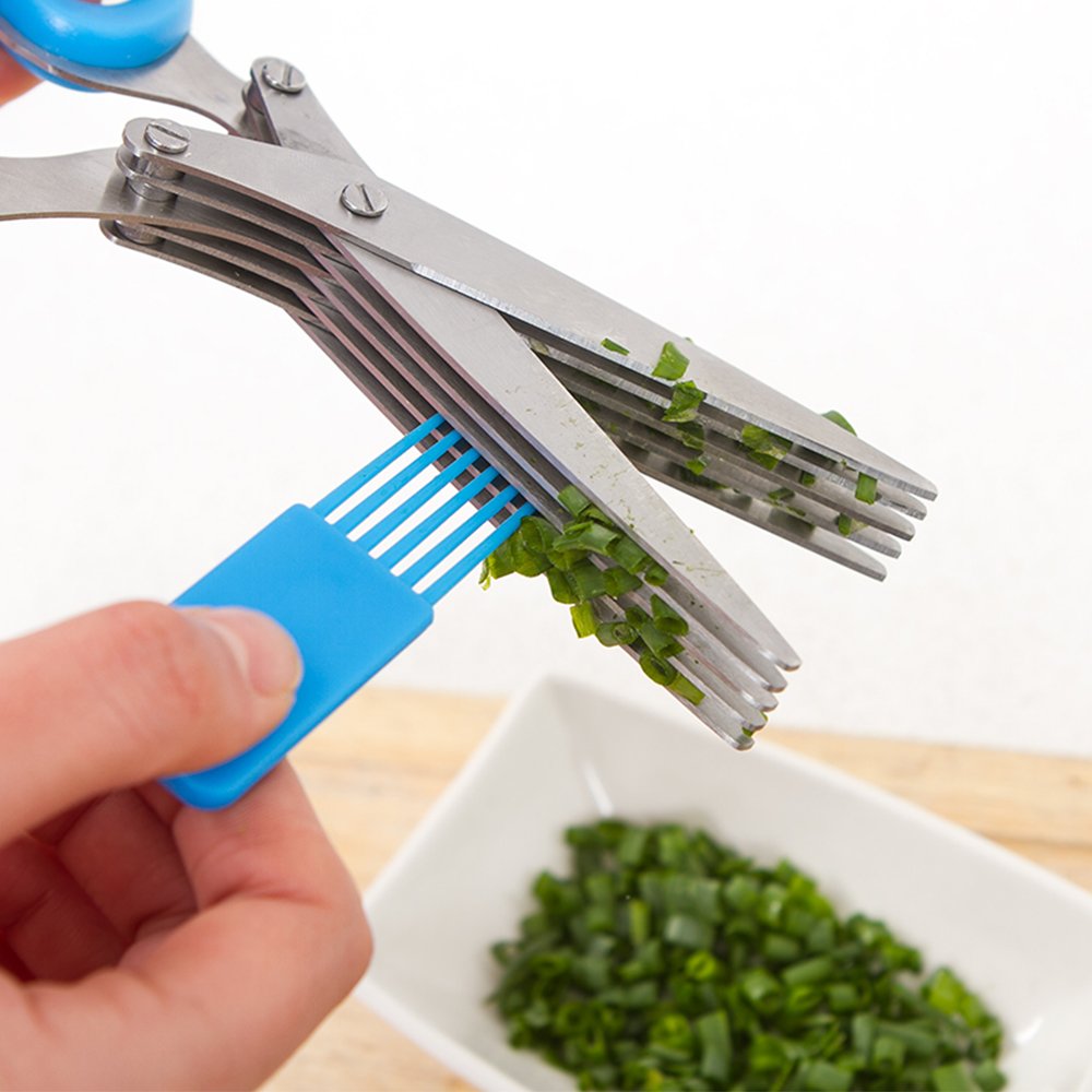 SourceTon 5-Blade Herb Scissors 2 Pack - Heavy Duty Kitchen Shears with Cleaning Brush, Multipurpose Stainless Steel Scissors for Cooking, Crafting, Gift (Ergonomic Left/Right Hand Design)