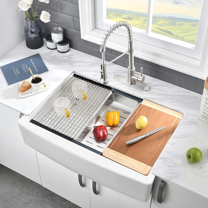 33 Inch White Farmhouse Sink Workstation-VASOYO 33 x 21 Apron Front Farm Sink White Fireclay Farmhouse Kitchen Sinks Workstation Single Bowl Deep Kitchen Sinks Undermount with Cutting Board