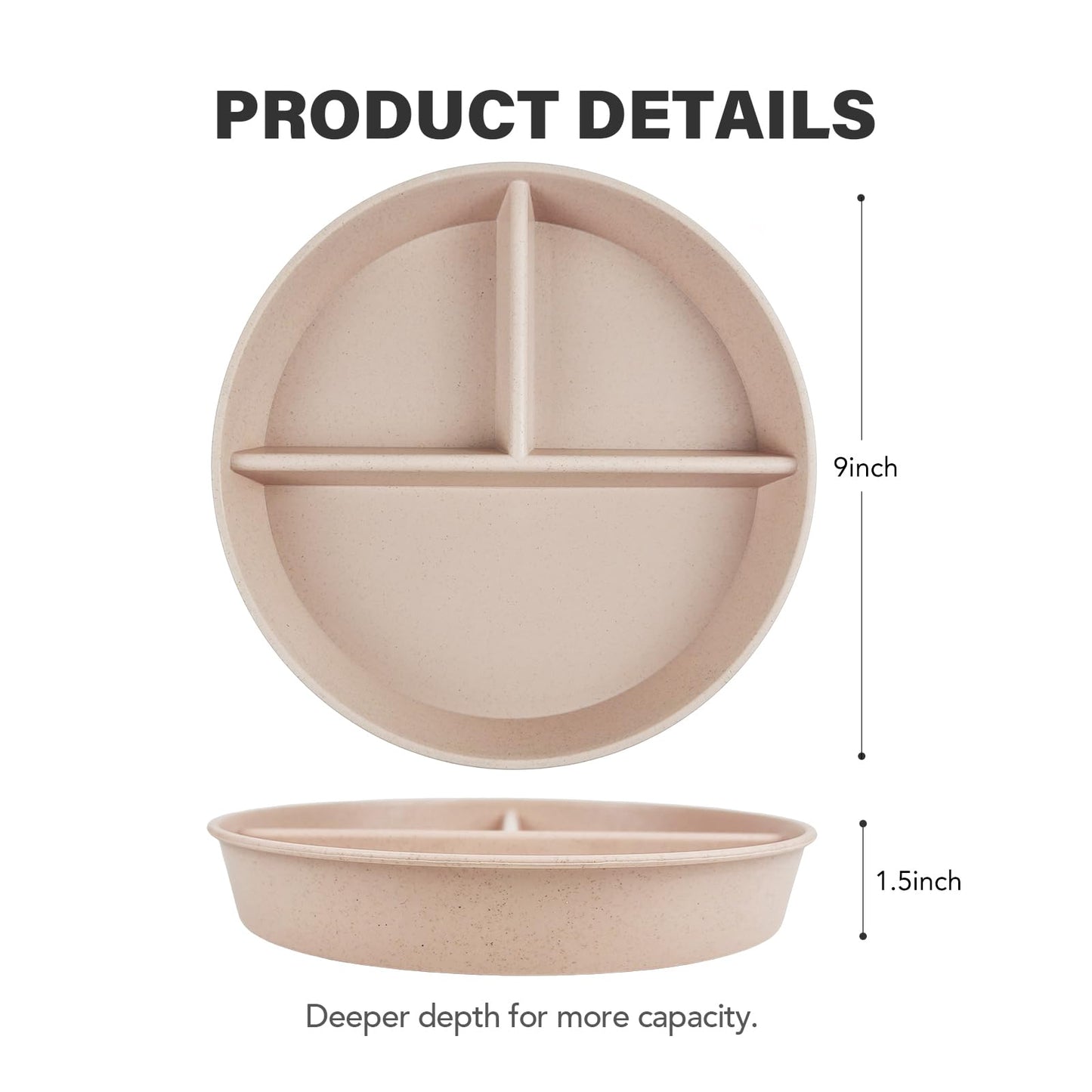 greenandlife 9 Inch 4PCS Portion Control Plates with Lids, Divided Plates for Kids Adults, Dishwasher Microwave Safe Compartment Plate, Unbreakable Lightweight Reusable Wheat Straw Plate, Earth Tone