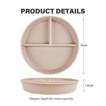 greenandlife 9 Inch 4PCS Portion Control Plates with Lids, Divided Plates for Kids Adults, Dishwasher Microwave Safe Compartment Plate, Unbreakable Lightweight Reusable Wheat Straw Plate, Earth Tone