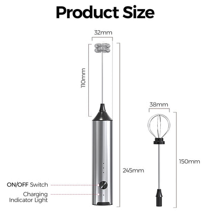 YARRAMATE Rechargeable Milk Frother Wand Handheld, 3 Speed Adjustable Electric Drink Mixer with 2 Whisks, Stainless Steel Stirrer for Coffee, Lattes, Protein Shakes, Matcha, Egg