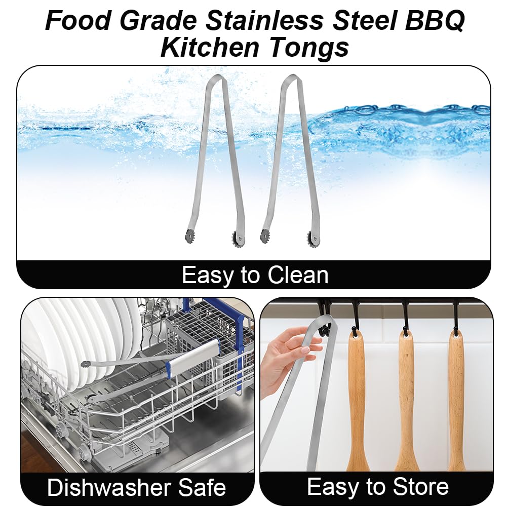 2PCS Kitchen Tongs BBQ, Non-Stick Metal Tongs for Cooking, Heavy Duty Stainless Steel Meat Tongs for Flip Bacon Steak Meat Sausage Vegetables
