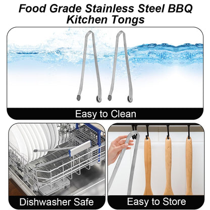 2PCS Kitchen Tongs BBQ, Non-Stick Metal Tongs for Cooking, Heavy Duty Stainless Steel Meat Tongs for Flip Bacon Steak Meat Sausage Vegetables