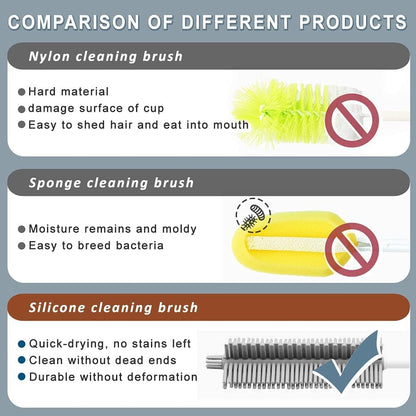 Bottle Cleaning Brush Set, 3pcs Long Handle Silicone Cleaner Brushes + Thermos Lid Cup Brush + Drinking Straw Brush