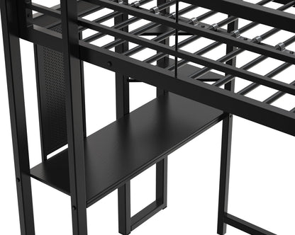 KEIKI Twin Size Loft Bed with Desk, 2 Side Ladders, Storage Shelves, Safety Guardrail, No Box Spring Needed, Space-Saving Metal Loft Bed Frame for Kids/Teens/Adults