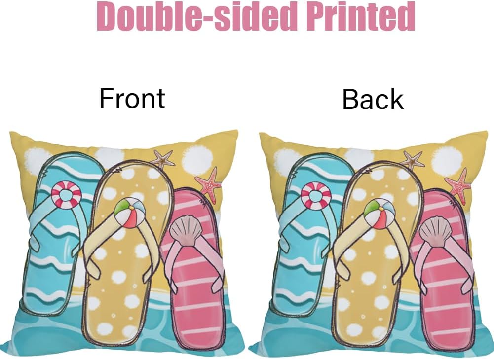 2 Pack Waterproof Summer Throw Pillow Covers 24x24 Inch, Blue Ocean Sea Sand Flip Flops Tropical Beach Decor