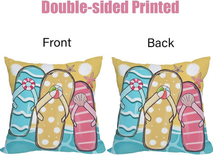 2 Pack Waterproof Summer Throw Pillow Covers 24x24 Inch, Blue Ocean Sea Sand Flip Flops Tropical Beach Decor