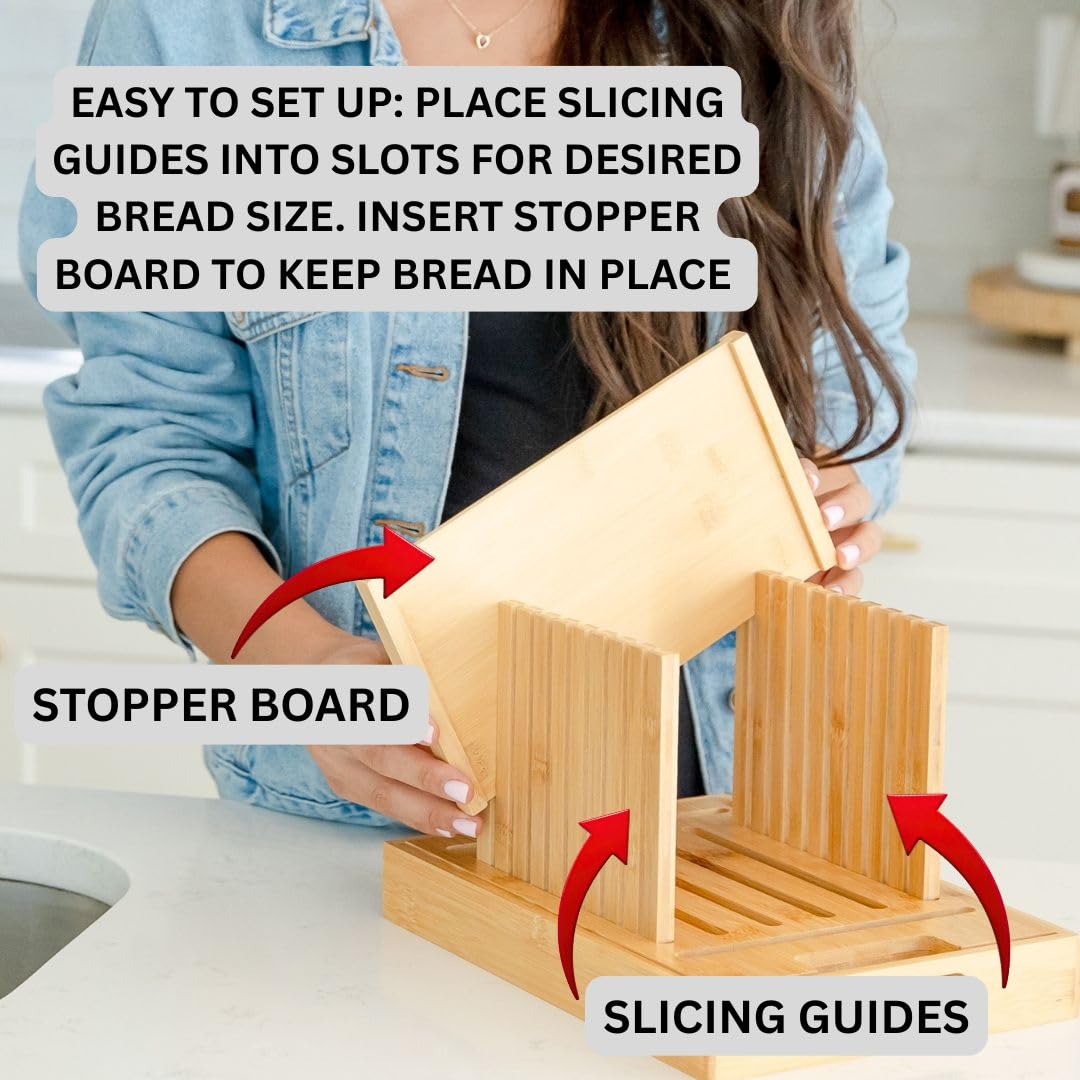 Bread Slicer for Sourdough Rounds & Homemade Bread - Round, Loaf & Baguette. Bamboo Bread Cutting Guide W/Crumb Tray - Foldable - Knife Not Included. Recommended: Serrated Knife Blade 10-12 Inches
