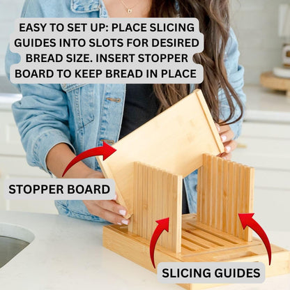 Bread Slicer for Sourdough Rounds & Homemade Bread - Round, Loaf & Baguette. Bamboo Bread Cutting Guide W/Crumb Tray - Foldable - Knife Not Included. Recommended: Serrated Knife Blade 10-12 Inches