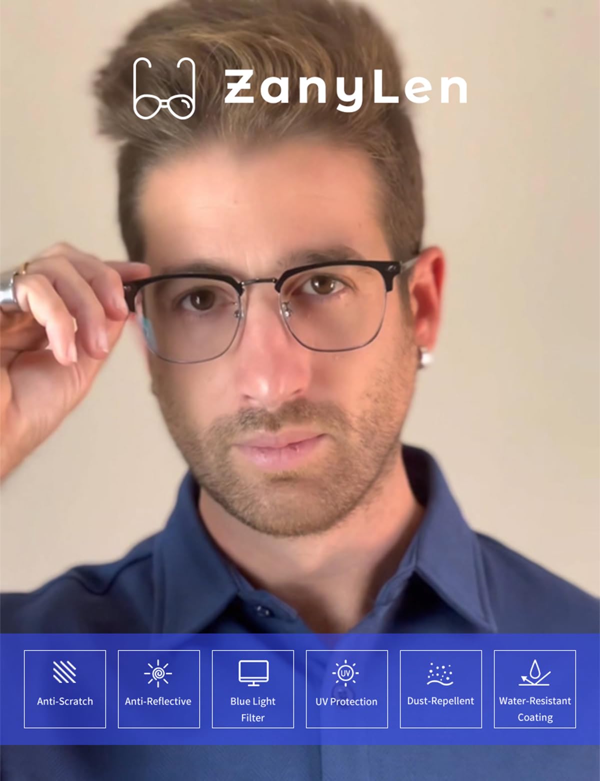 ZanyLen Blue Blocker Glasses for Men Metal Browline Computer Gaming Glasses With Blue Ray Filter (Gunmetal/Black TR90 Eyeglasses)