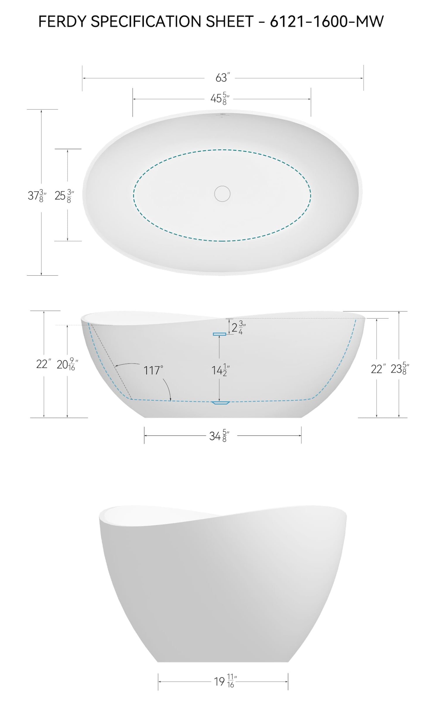 FerdY Lamu 63" Stone Resin Freestanding Bathtub, Gracefully Shaped Freestanding Bathtub, Solid Surface Soaking Tub, Matte White, cUPC Certified, Pop-up Drain and Integrated Slotted Overflow
