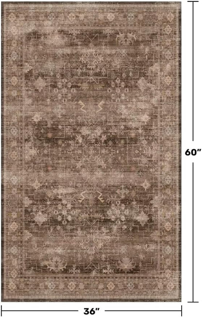 Boho Taupe Brown 3x5 Area Rug - Washable Low Pile Non-Slip Design for Entryway, Kitchen & Laundry