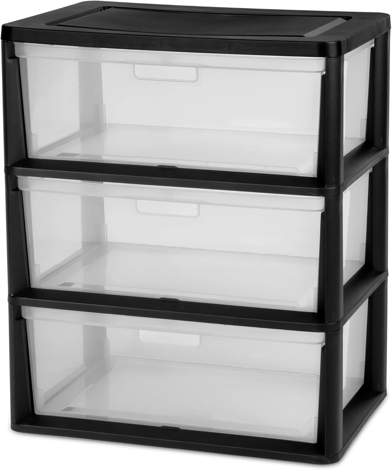 CLMSTE 3 Plastic Drawer Wide Tower Plastic Storage Cart with Clear Pull Out Drawers, Black