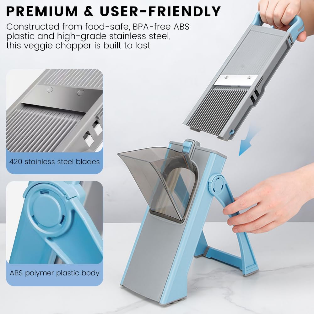 Professional Mandoline Slicer with Safe Guard, 6-in-1 Vegetable Chopper & Potato Slicer for Kitchen, Effortless Food Slicer for Salads, Fries, and Meal Prep (Blue)