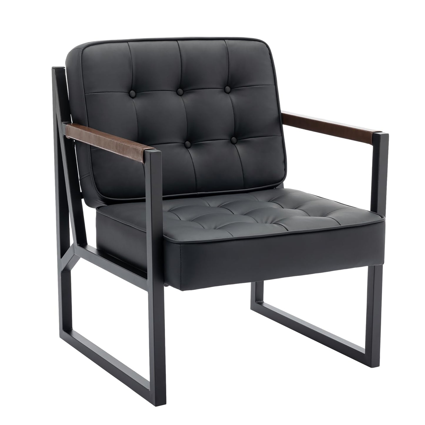 COLAMY Mid Century Modern Accent Chair Set of 2, Comfy Living Room Chair, Black Leather Accent Chair, Faux Leather Reception Armchair with Metal Legs for Living Room Bedroom Reception Office, Black