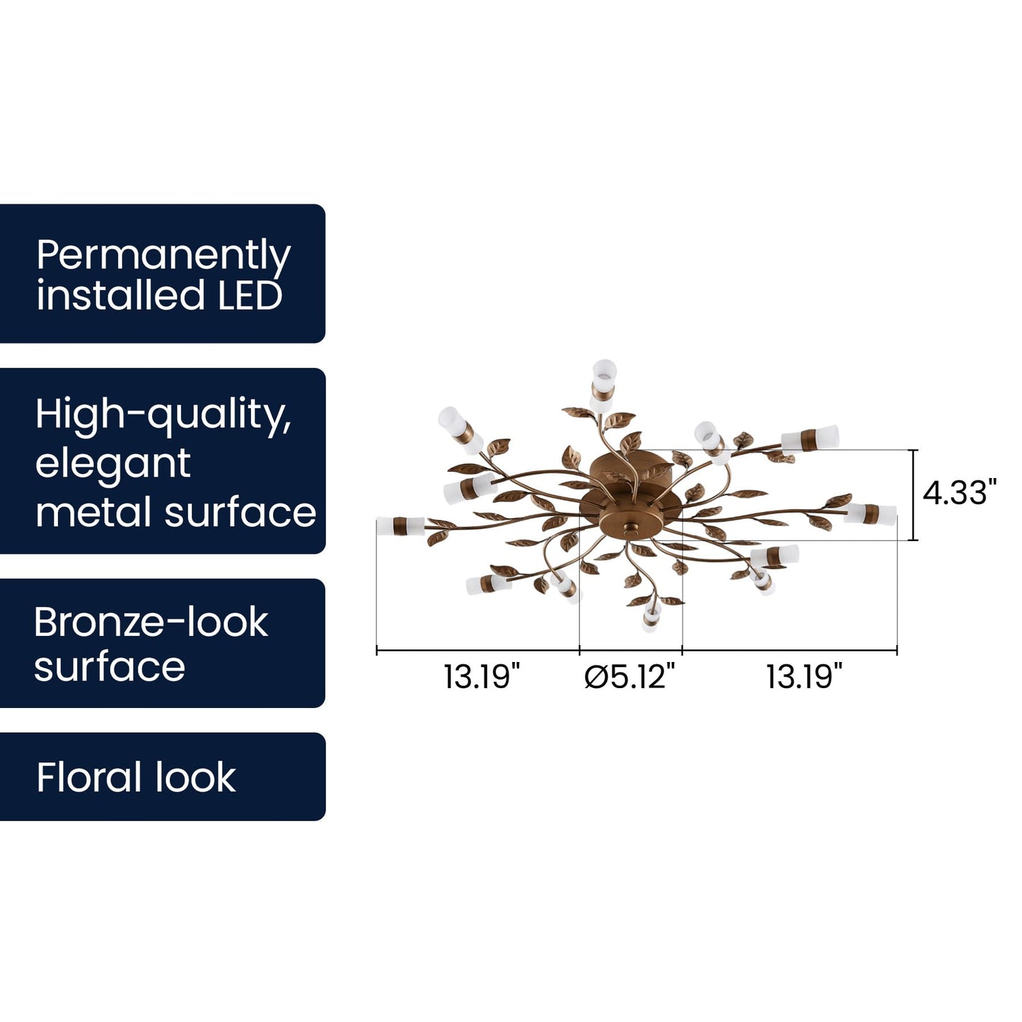 Lucande 31.5" Rustic Floral Ceiling Chandelier, 12-Light LED, Bronze Finish Close to Ceiling Light Fixture for Bedroom Living Room Dining Room Entryway, Warm White 3000K, Shallow Height