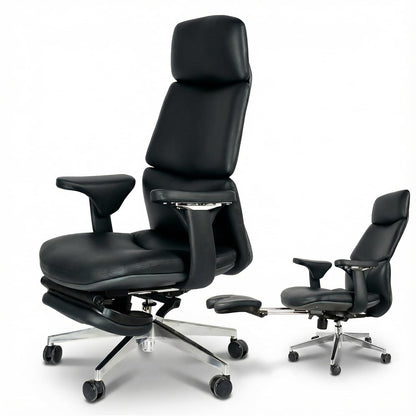 FurniBaron Genuine Leather Office Chair with Flexible Footrest, High Back Executive Office Chair with Lumbar Support, Adjustable Tilt Mechanism, Weight Capacity 400 lbs (Black)