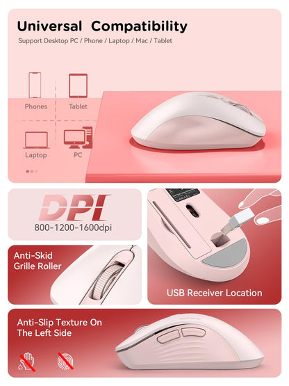 RAPIQUE Bluetooth Wireless Mouse - Dual Bluetooth & 2.4 GHz USB Receiver, Ergonomic Design, Quiet Clicks, Low Power - Multi-Device Compatibility for MacBook, Laptop, Computer, iPad Air/Pro (Pink)