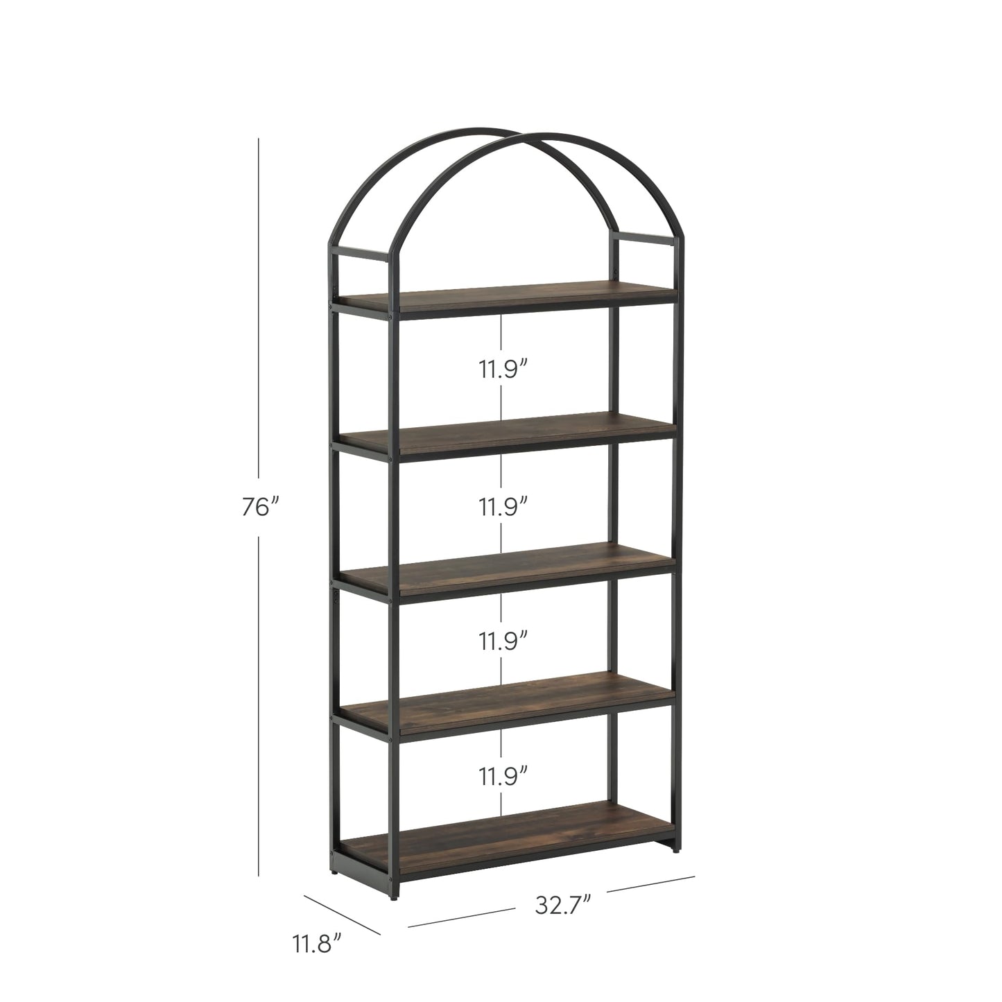 Nathan James Haven Etagere Bookshelf, 5-Shelf Bookcase in Nutmeg Wood and Black Metal Frame with Arch Top and Open Shelves, Nutmeg/Black