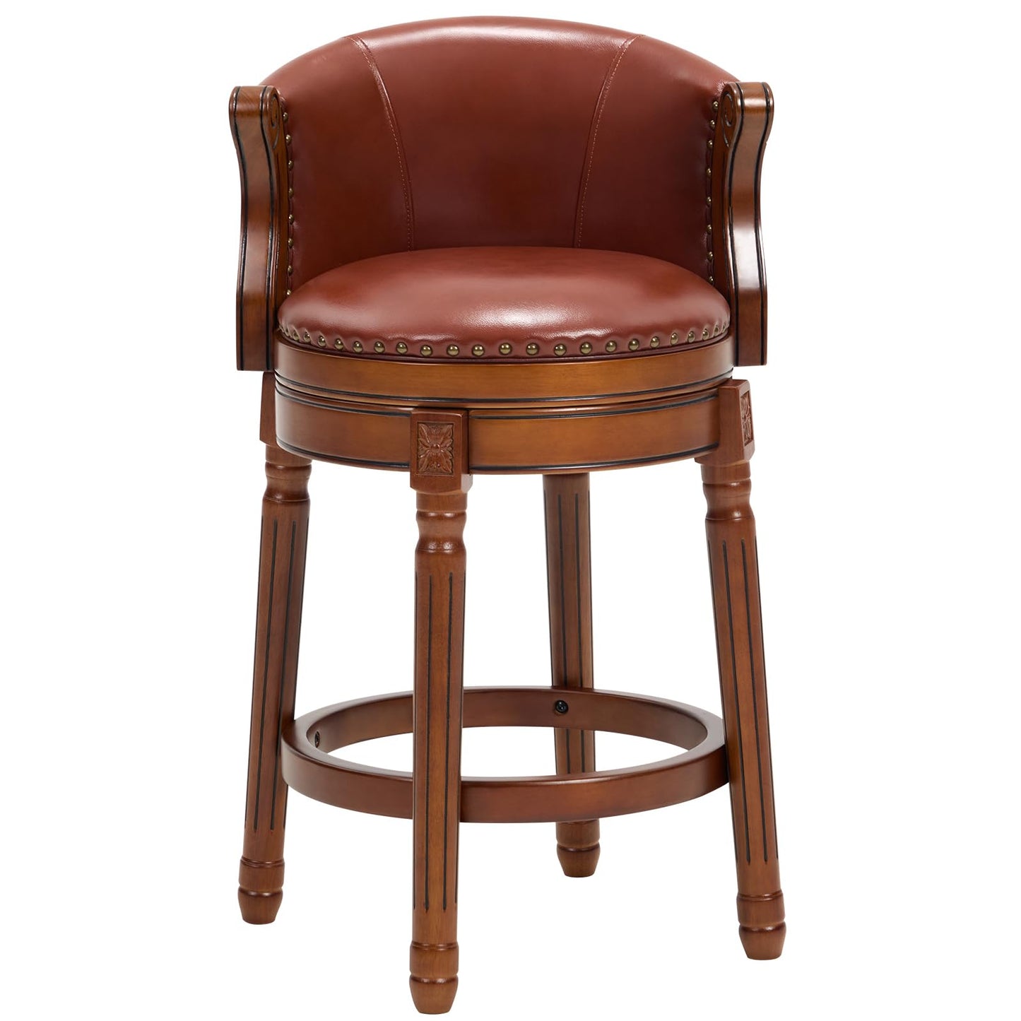 CozyRain Bar Stools Rubber Wood Counter Height Bar Stool Leather Upholstered Swivel Barstools with Back & Footrest for Home,Kitchen,Counter,Dining Room (Brown, Seat Height 26 in)