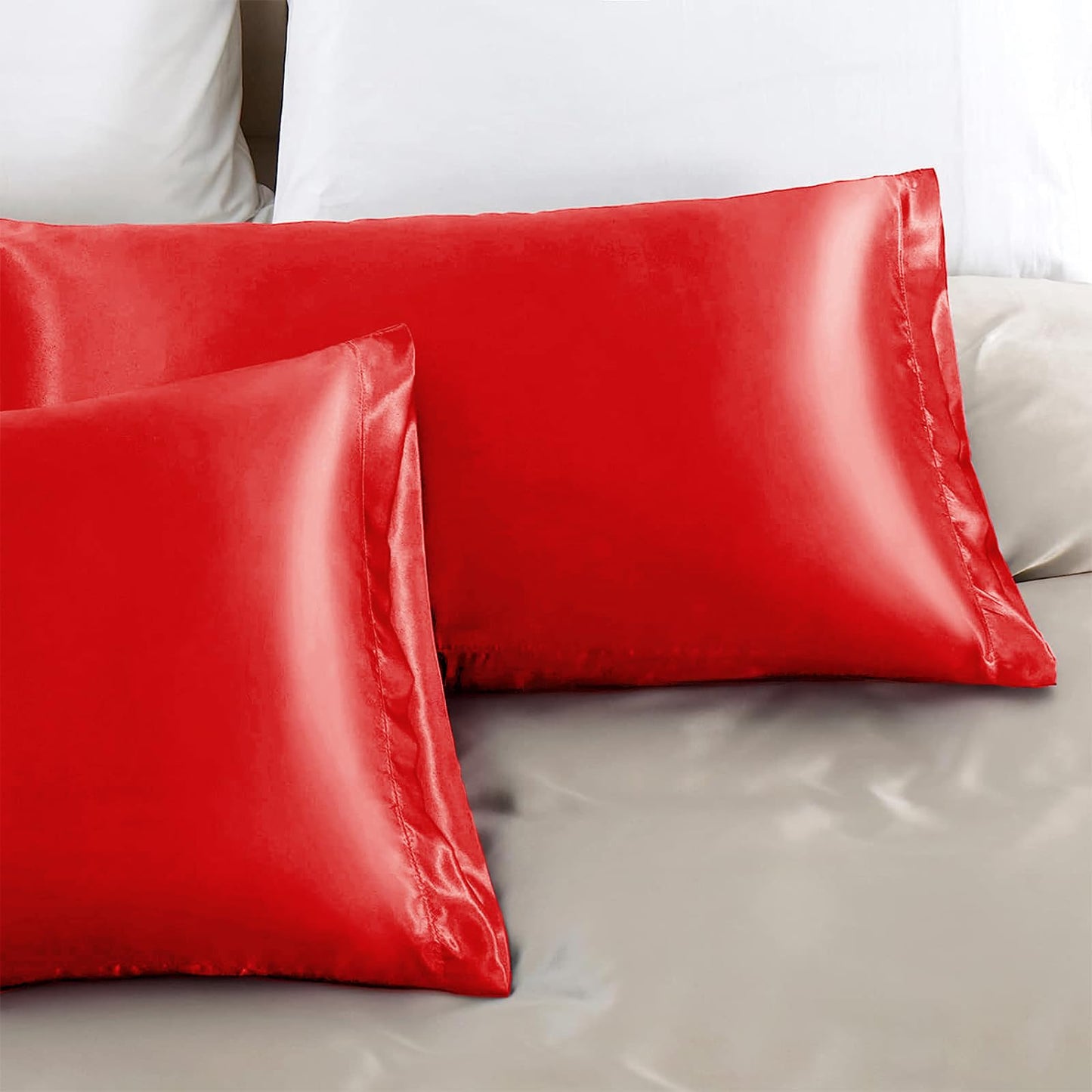 Aormenzy Satin Pillow Cases for Women Standard Size Set of 2, Red Satin Pillowcase for Hair with Envelope Closure Silky Pillow Covers Wrinkle, Fade Resistant (20x26 Inches)