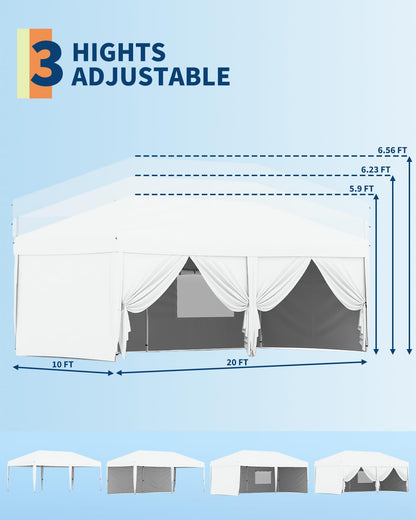 GarveeLife 10x20 Pop Up Canopy with 6 Sidewalls, Beach Ten with One Push Setup, Heavy Duty Outdoor Instant Canopy Tent with Portable Roller Bag, Silver Coated Top, 3 Adjustable Height, Sandbags,White