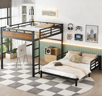 Bellemave Detachable Bunk Bed Queen Over Queen, Metal Bunk Bed with Guardrails, Queen Size Loft beds for Kids, Teens & Adults（Walnut Color）