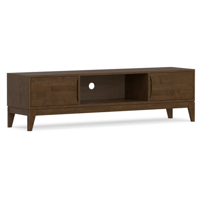 SIMPLIHOME Harper TV Stand - 72 inch Wide Solid Wood Low Media Console in Walnut Brown, Mid Century Modern Entertainment Center for Living Room for TVs up to 80 Inches with Shelf and Cord Management