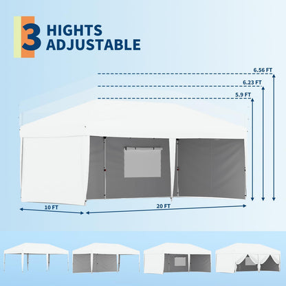 10x20 Pop Up Canopy Tent with 4 Sidewalls, Heavy Duty Outdoor Canopy UPF 50+ All Season Waterproof Commercial Street Vendors Party Tents with Roller Bag, 8 Stakes & 6 Sandbags, White