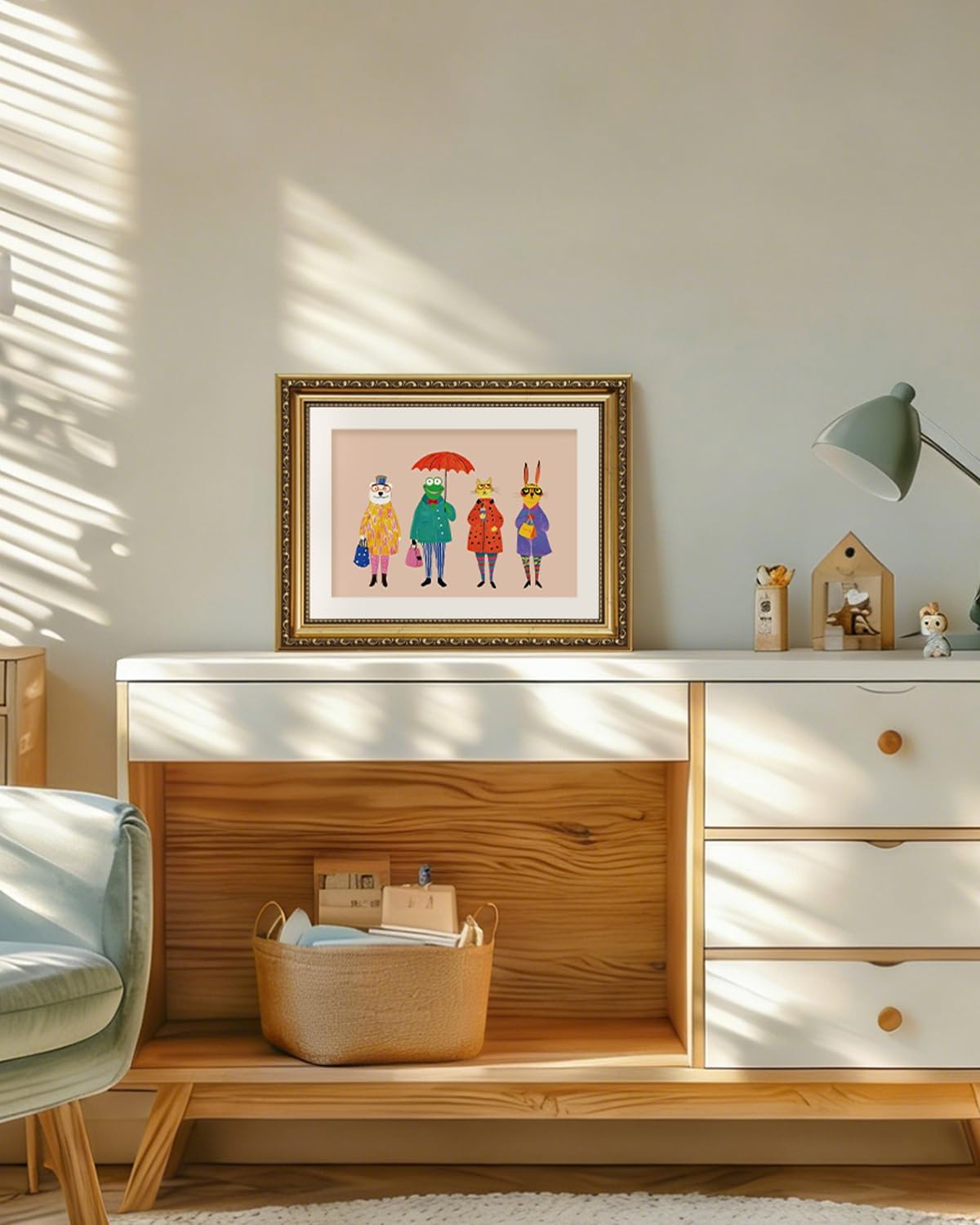 11x14 ARPEOTCY Framed Canvas Wall Art, Whimsical Animal Family Illustration, Storybook Style Wall Decor for Nursery