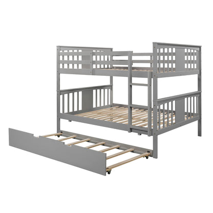 Ball & Cast Full Over Full Bunk Bed with Twin Size Trundle and Ladder,Wood Bunkbed w/Slat Support & Full-Length Guard Rail,Space Saving,Bedframe Furniture for Student Dorms,Studio,Gray