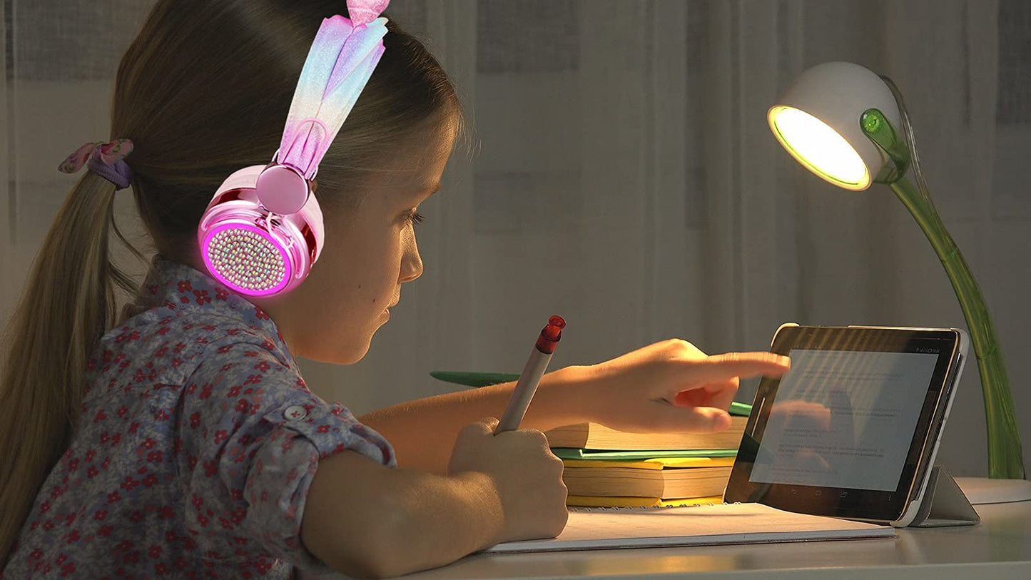 KORABA Kids Wireless Headphones for Girls Children Teens, LED Light Up Bluetooth Unicorn Headphones with Microphone for School/Xmas/Online Study/Unicorn Gifts (Pink Wireless)