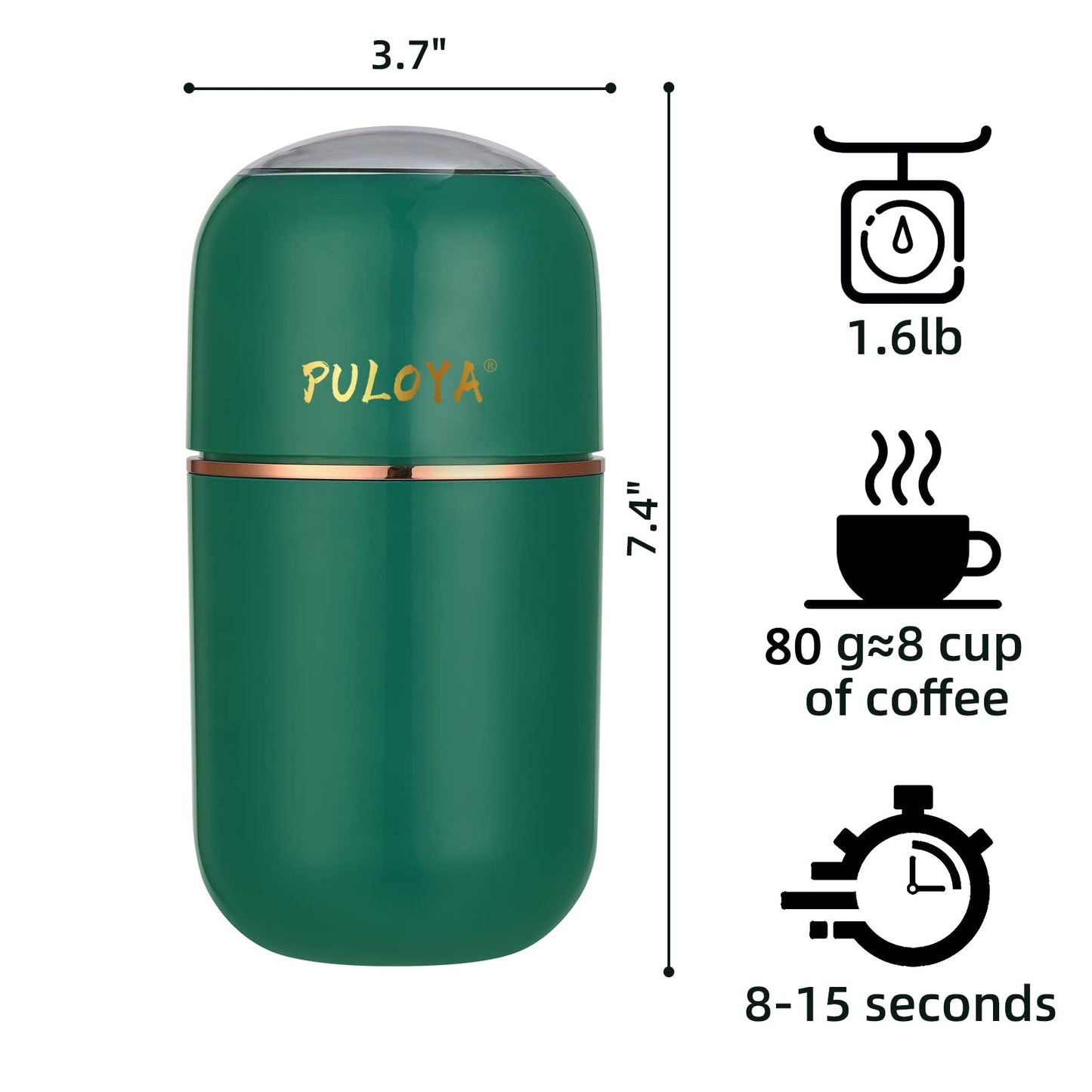 PULOYA Coffee Grinder Electric for Beans, Spices, Herbs, Grains and Nuts, Stainless Steel Blades, 2.8 oz, Green