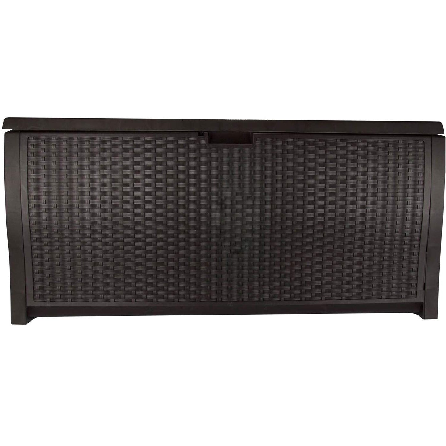 Suncast 99 Gallon Plastic Wicker Deck Box Container Storage for Garden, Garage, Home, Pool, Indoor and Outdoor Use, Mocha (2 Pack)