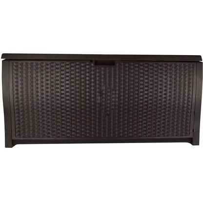 Suncast 99 Gallon Plastic Wicker Deck Box Container Storage for Garden, Garage, Home, Pool, Indoor and Outdoor Use, Mocha (2 Pack)