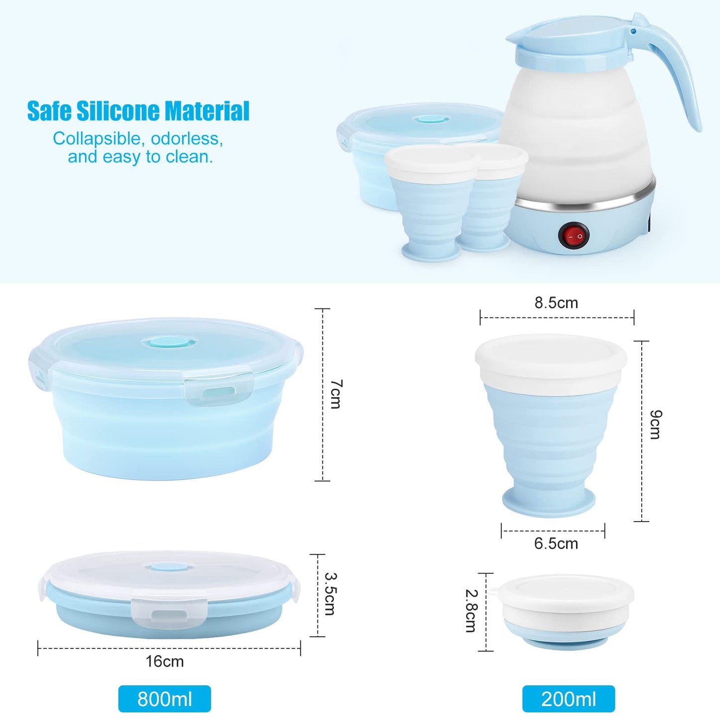 Travel Foldable Electric Kettle, Portable Kettle for Fast Water Boiling Tea Coffee, with 1 Collapsible Bowl and 2 Cups, Food Grade Silicon, 600ML 110V