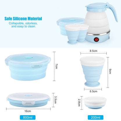 Travel Foldable Electric Kettle, Portable Kettle for Fast Water Boiling Tea Coffee, with 1 Collapsible Bowl and 2 Cups, Food Grade Silicon, 600ML 110V