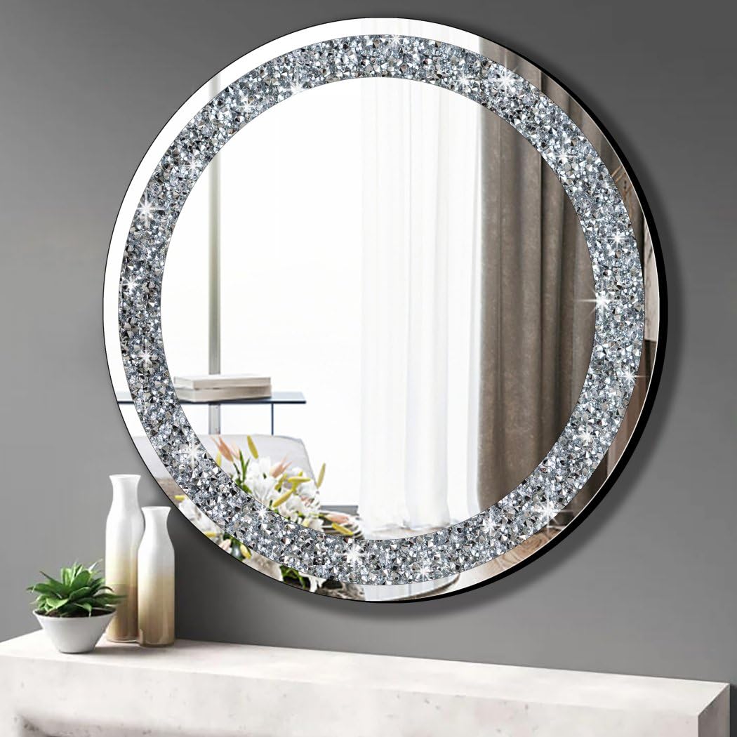 QMDECOR Round Wall Mirror 28x28 inch Crystal Crush Diamond Decor for Home Decoration Silver Mirror.