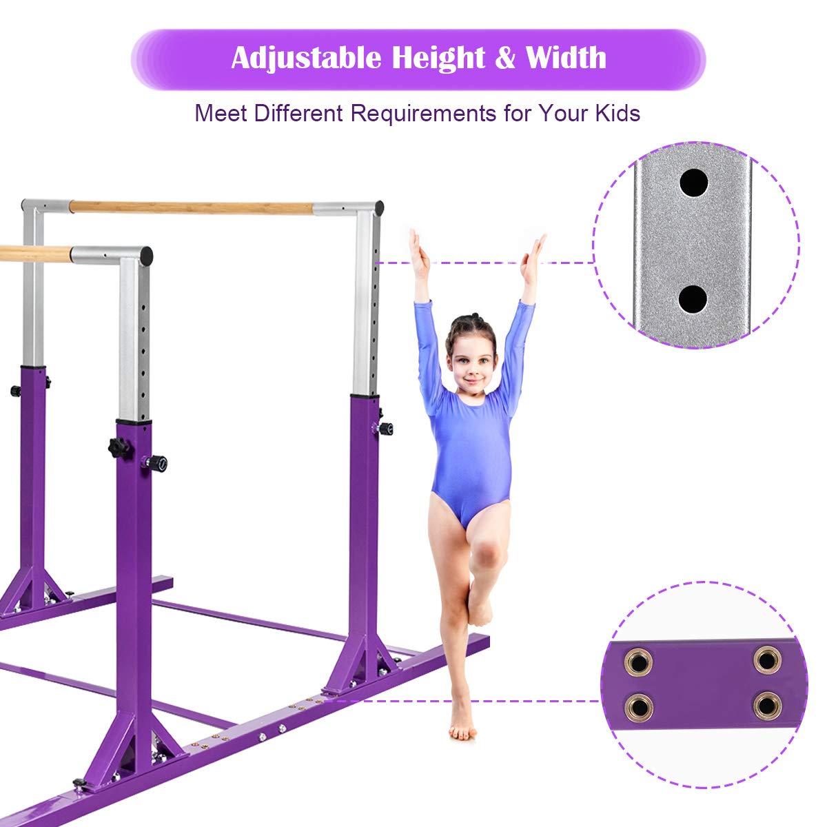 GOFLAME Double Horizontal Bars, Gymnastics Parallel Bars with Adjustable Height and Width, Junior Training Gym Bar for Kids, Ideal for Indoor Outdoor Use (Purple)