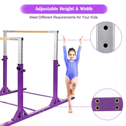 GOFLAME Double Horizontal Bars, Gymnastics Parallel Bars with Adjustable Height and Width, Junior Training Gym Bar for Kids, Ideal for Indoor Outdoor Use (Purple)