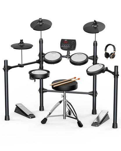 AiJoy Electric Drum Set for Beginners & Adults, Quiet Mesh Pads Digital Drum Kit, Dual-Zone Snare, 5 Drums 3 Cymbals, 195+ Sounds, USB MIDI, Includes Throne, Headphones & Sticks for Apartment Practice