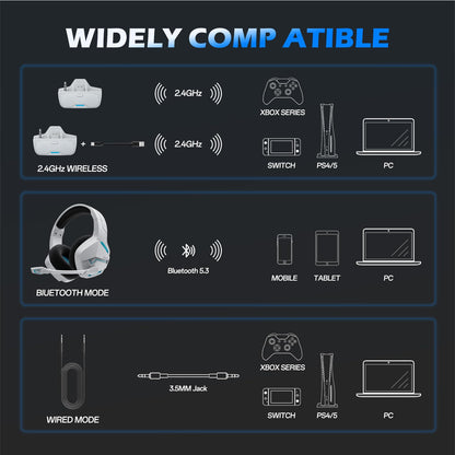 BINNUNE Wireless Gaming Headset for Xbox Series X/S, Xbox One, PS5, 120H Ultra-Long Battery, Bluetooth 5.3 Gaming Headphones with Noise-Canceling Mic, Comfortable Over-Ear Headphones,White