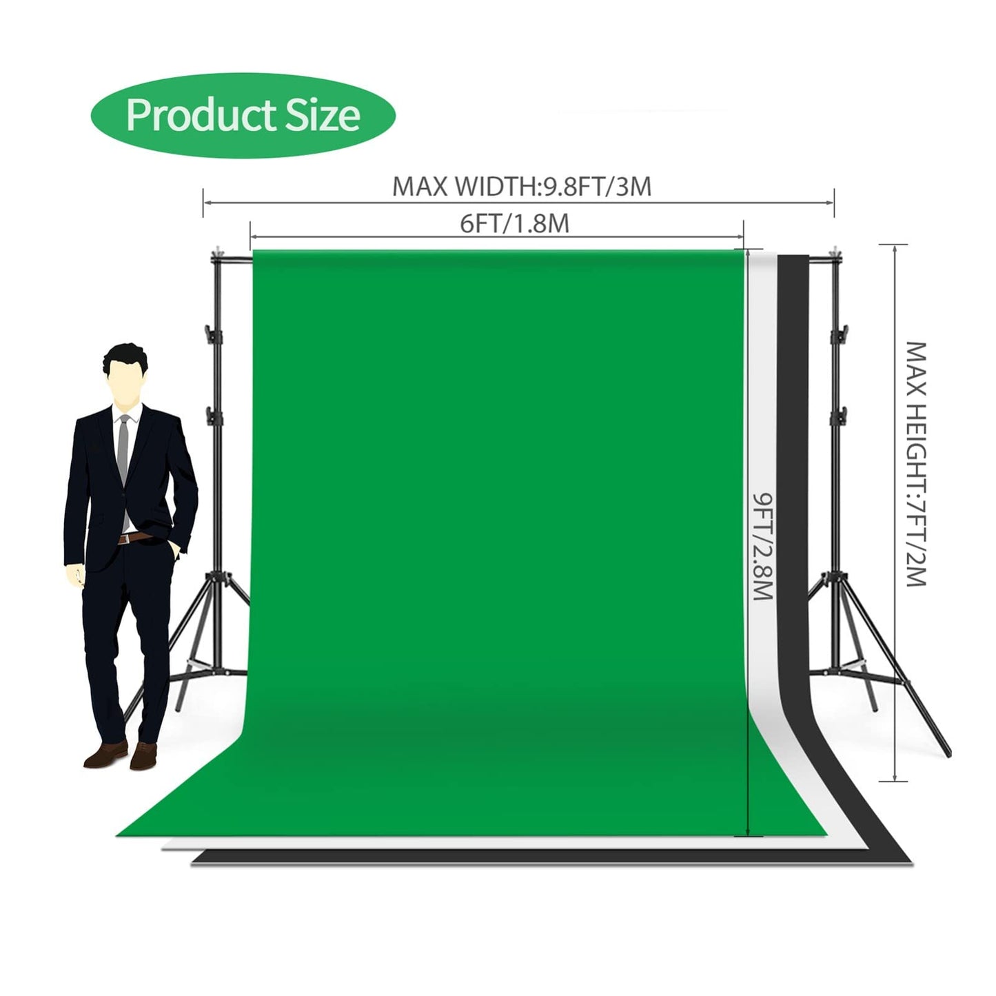 Backdrop Stands Photography Kit 1.8 * 2.7M Black White Green Backdrop 3*Fish-Like Mount Clip 5In1 Reflector 33" White Soft Light Umbrella